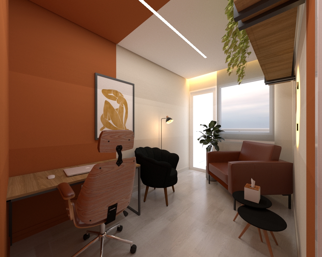 Consultório boutique em SJC — paleta terracota com espelho orgânico iluminado