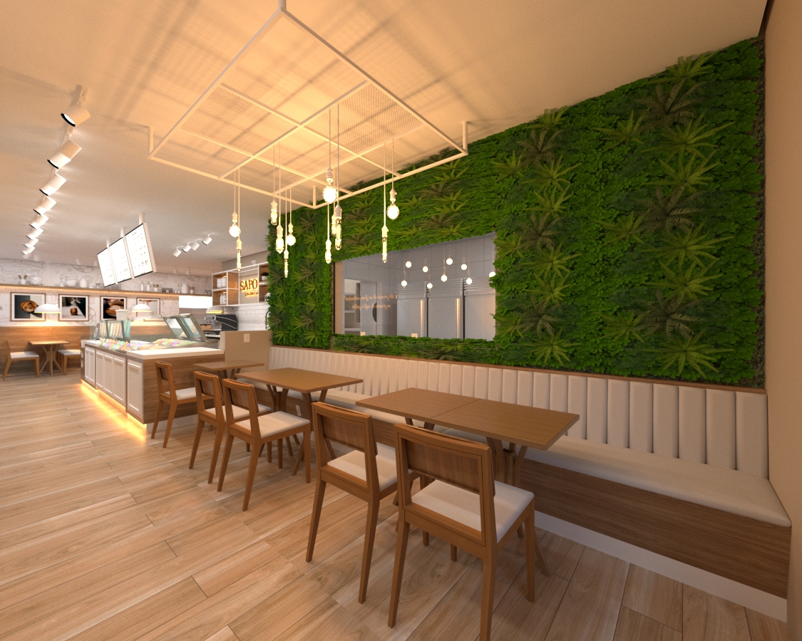 Sapore Gelato Caffè em SJC — área de mesas com green wall e pendentes Edison
