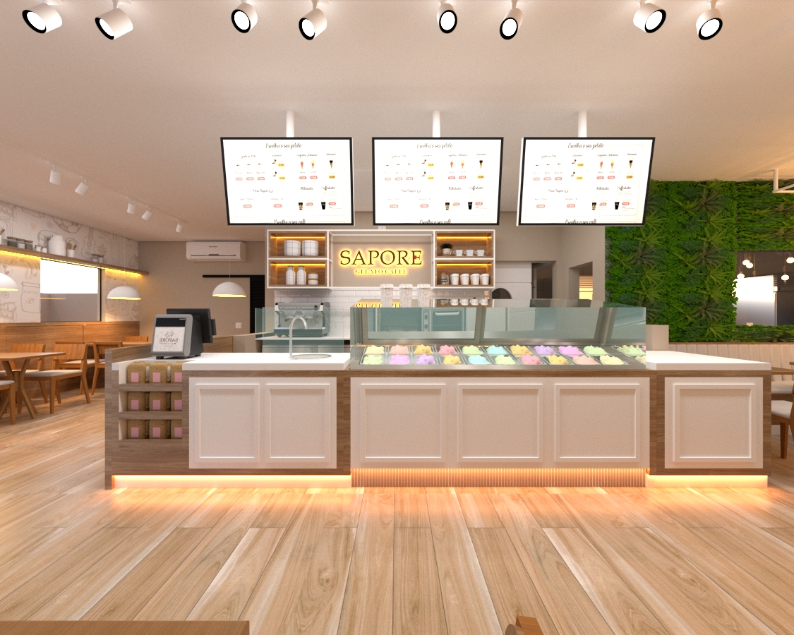 Sapore Gelato Caffè — balcão de gelato com painel verde e iluminação cênica
