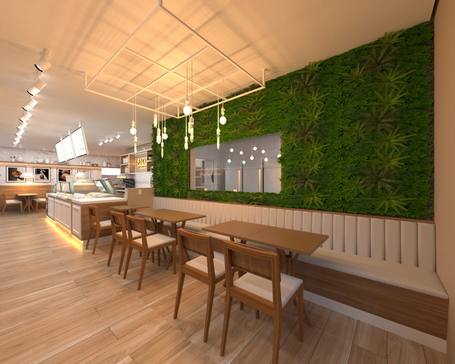 Sapore Gelato Caffè em SJC — área de mesas com green wall e pendentes Edison